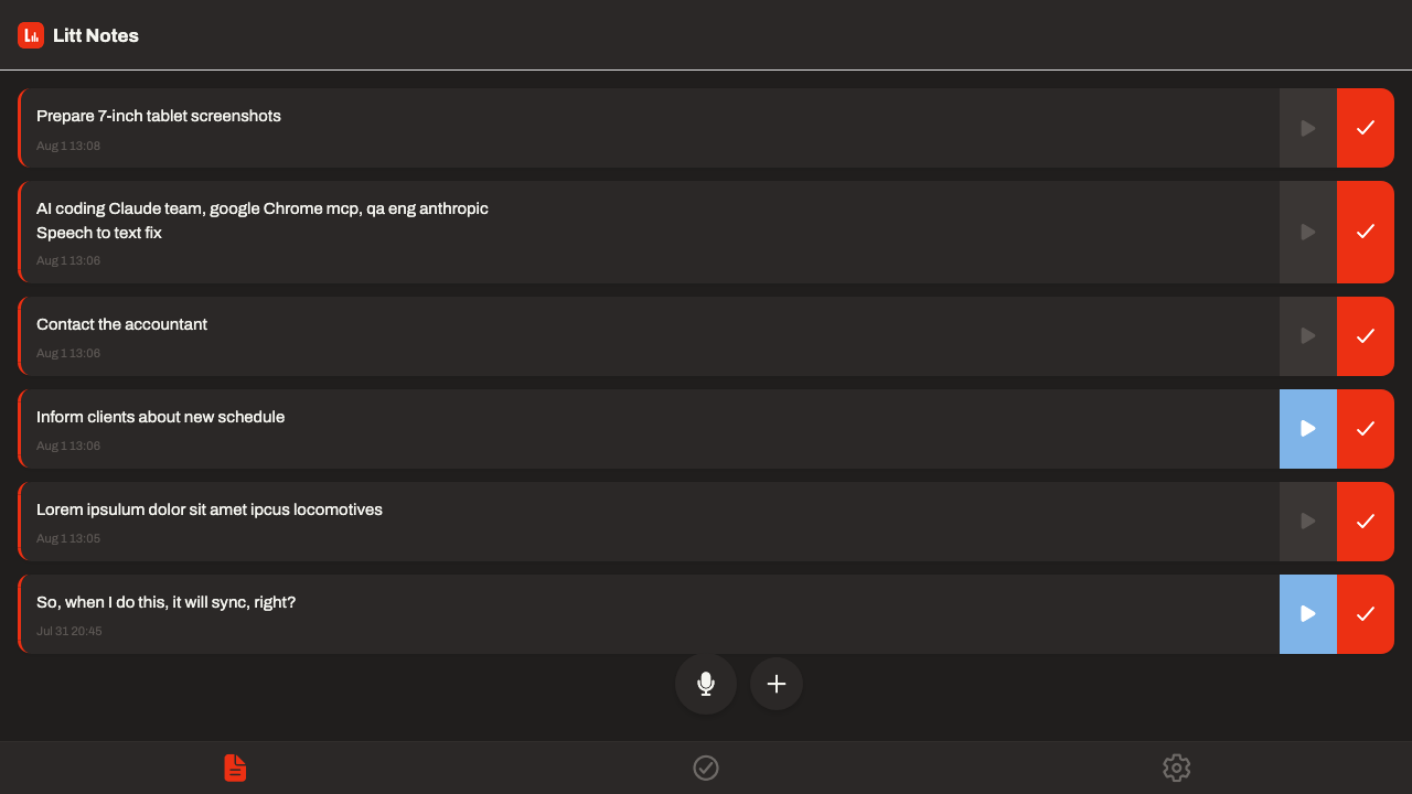 Litt Notes running on desktop in dark mode with a list of transcribed voice notes and to-dos