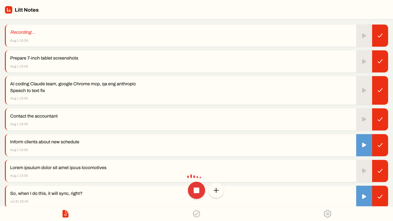 Litt Notes recording a voice note with a live waveform and the note appearing at the top of the list