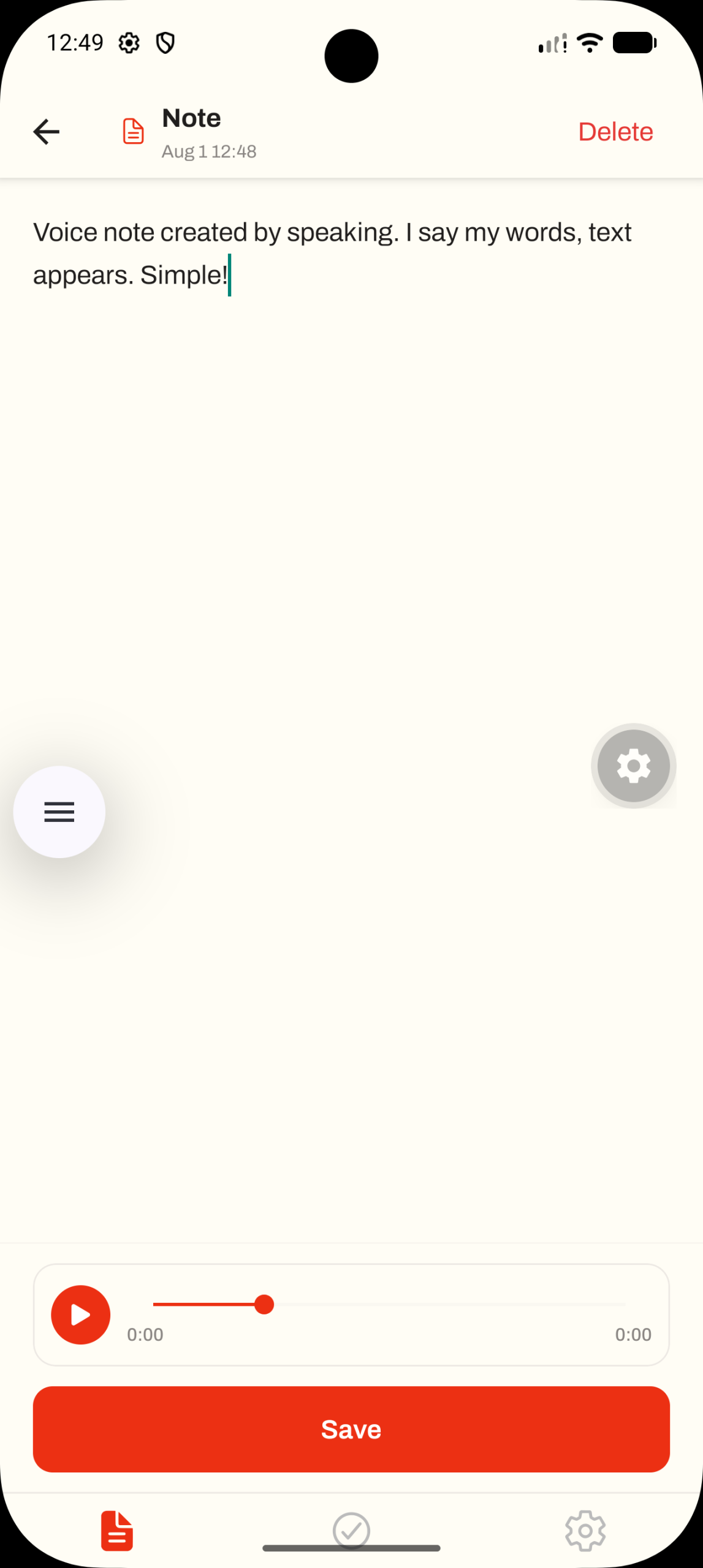 A voice note transcribed to editable text in Litt Notes with an audio playback bar underneath