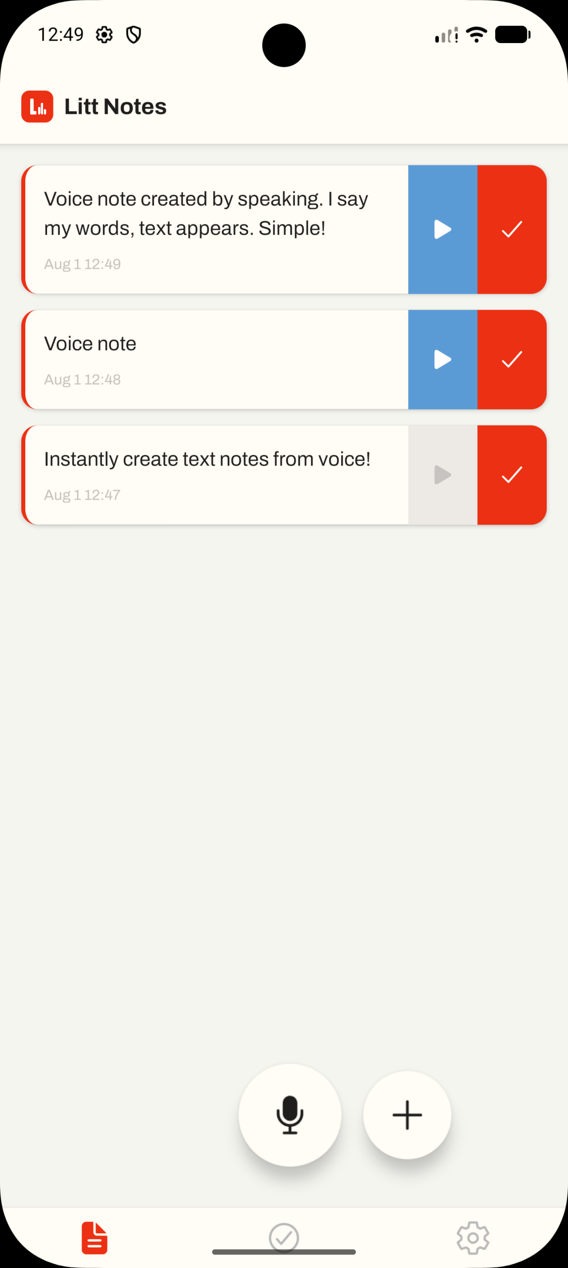 Litt Notes mobile app showing a list of transcribed voice notes with play and complete swipe actions